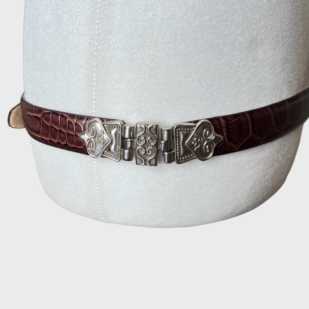Lake Shore Drive Leather Belt Size M Silvertone Ornate Buckle Hinge Inserts Boho - Picture 7 of 14